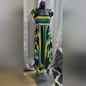 UMGEE Blue/Yellow Striped Smocked Off-Shoulder Midi Dress